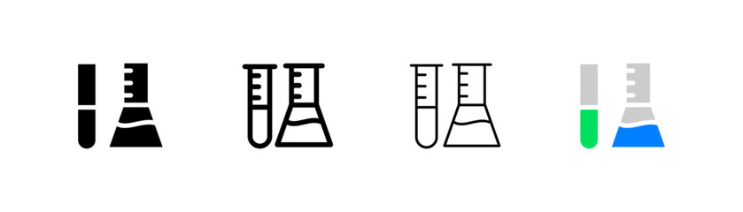 Test tube set icon. Glass and test tube with liquid or chemical reagents. Chemical elements. Laboratory concept. Four vector icon in different styles on a white background