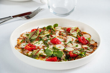 octopus carpaccio with tomato and herb