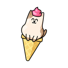 Cute cat ice cream sticker. Kitty in waffle cone with whipped raspberry cream on head. Happy animal cartoon character vector design for advertising. Summer, taste and food concept