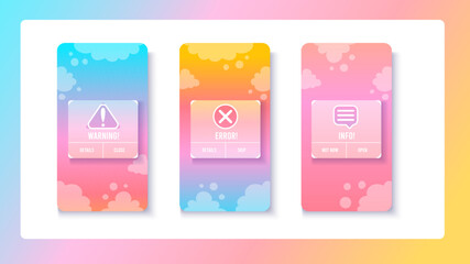 Warning, info and error pop up messages for mobile ui design. Alert notification box with buttons for web interface. Vector template in minimal style