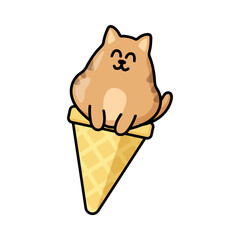 Cute cat ice cream sticker. Kawaii kitties in waffle cone. Happy animal cartoon character vector design for advertising. Summer, taste and food concept