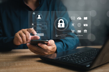 Cybersecurity concept padlock icon and password security of personal information on the secure internet access, Businessman use smartphone login to the internet system and laptop on the table