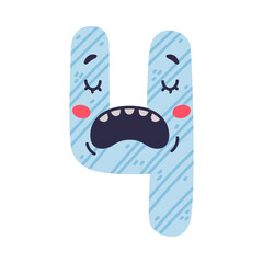 4 cute funny number character. Four comic childish bright light blue numeral, math symbol cartoon vector illustration