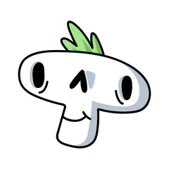 Creative funny skull with funny bangs on the head, sticker for tattoo design. Cartoon cute dead skeleton head for colorful graffiti and skate sticker isolated vector illustration