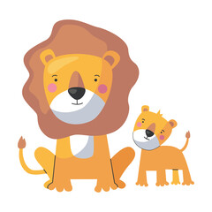 Animal lion mom and baby, cute cartoon family. Vector illustration of animal happy parent and small child. Motherhood concept