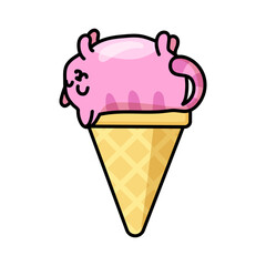 Cute crimson cat ice cream sticker. Kawaii kitties in waffle cone. Happy animal cartoon character vector design for advertising. Summer, taste and food concept