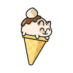 Cute cat chocolate glaze ice cream sticker. Kawaii kitties in waffle cone. Happy animal cartoon character vector design for advertising. Summer, taste and food concept