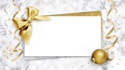 Christmas Blank gift greeting card ticket with shiny golden bow and balls, background with bright...