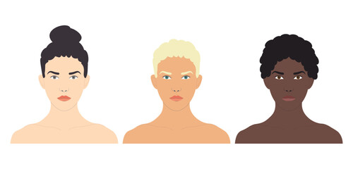 Obraz premium Three women with different color of skin, hair and eyes, they have different hairstyles and hair length, vector isolated on white background.
