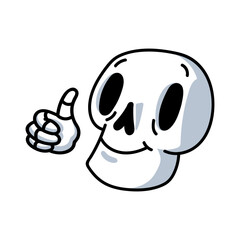 Creative funny skull thumbs up showing like, sticker for tattoo design. Cartoon cute dead skeleton head for colorful graffiti and skate sticker isolated vector illustration