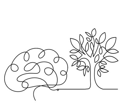 Abstract tree with brain as line drawing on the white background. Vector