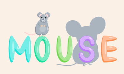 A cartoon mouse character of an educational nature with the name of the animal. Isolated vector illustration.