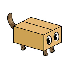Cute cat in box sticker for T-shirt design. Cartoon funny kitten hidden inside box and looking through cut holes isolated vector illustration