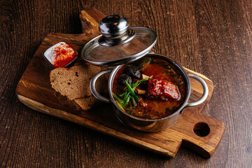 Croatian national soup goulash in a saucepan