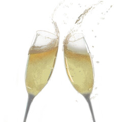 Two glasses of champagne in a splashing brindisi during new year's eve or holidays celebrations, transparent, suggested use on dark backgrounds for holidays compositions.
