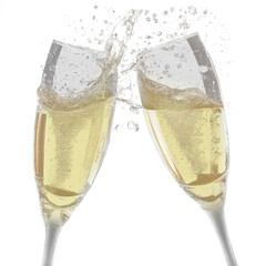 Two glasses of champagne in a splashing brindisi during new year's eve or holidays celebrations, transparent, suggested use on dark backgrounds for holidays compositions. - obrazy, fototapety, plakaty