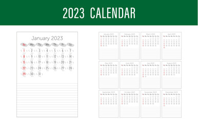 Kalendarz 2023 kalendarium nowy rok planner lata czas planować książka wydruk wektor styczeń luty marzec kwiecień maj czerwiec lipiec sierpień wrzesień listopad grudzień - obrazy, fototapety, plakaty