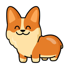 Cute standing and smiling Corgi puppy sticker. Flat vector illustration. Fox like dog cartoon character. Pet and mascot concept
