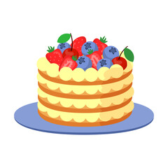 Birthday cake. Designs of cake with decor, icing, cherries isolated on white background. Pastry, party concept