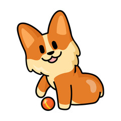 Cute Corgi playing with a rubber ball puppy sticker. Flat vector illustration. Fox like dog cartoon character. Pet and mascot concept