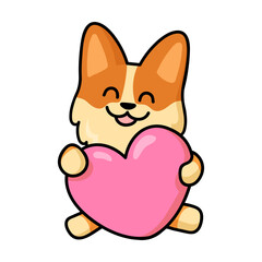 Cute Corgi holding gift pink heart puppy sticker. Flat vector illustration. Fox like dog cartoon character. Pet and mascot concept