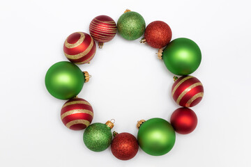 Elegant Christmas flatlay mockup composition of wreath with red and green balls