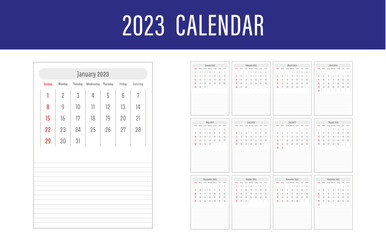 Kalendarz 2023 kalendarium nowy rok planner lata czas planować książka wydruk wektor styczeń luty marzec kwiecień maj czerwiec lipiec sierpień wrzesień listopad grudzień