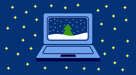 Świąteczna grafika: komputer, śnieg, gwiazdy, Boże Narodzenie