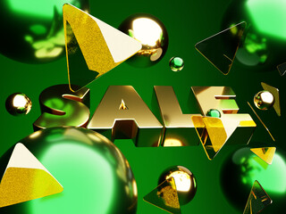 3d rendering of gold discount sign template flies forward behind broken glass with  Christmas balls around on green background