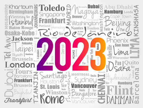 2023 travel cities word cloud collage, trip destinations concept background
