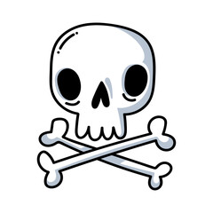 Creative funny skull, sticker for tattoo design. Cartoon cute dead skeleton head for colorful graffiti and skate sticker isolated vector illustration