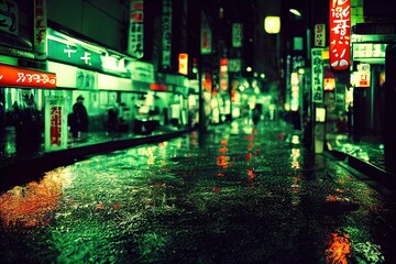 Fototapeta premium Wet Tokyo streets at night with green neon lights, blurred background