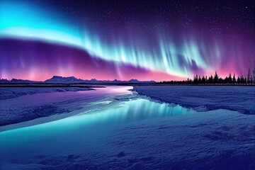 purple blue aurora borealis, polar lights, northern lights, over ice and snow landscape, generative ai