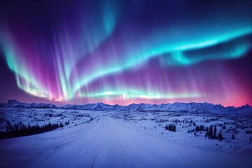 purple blue aurora borealis, polar lights over ice and snow landscape, generative ai