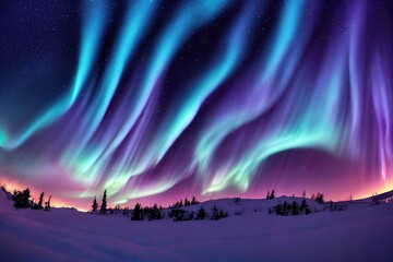purple blue aurora borealis, polar lights over ice and snow landscape