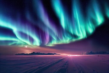 purple blue green aurora borealis, polar lights over ice and snow landscape