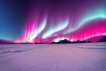pink blue aurora borealis, polar lights over ice and snow landscape, generative ai