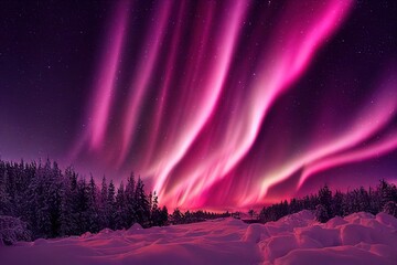 pink aurora borealis, northern lights over ice and snow landscape, generative ai