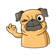 Funny pug showing like gesture of approval flat sticker. Adorable pug dog cartoon character isolated vector illustration for t shirts. Animal sketch and mascot concept