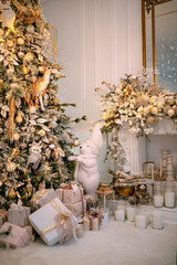 Cozy atmosphere of Christmas, holidays and New Year in the details of the interior of the Christmas room. Christmas decorations luxury