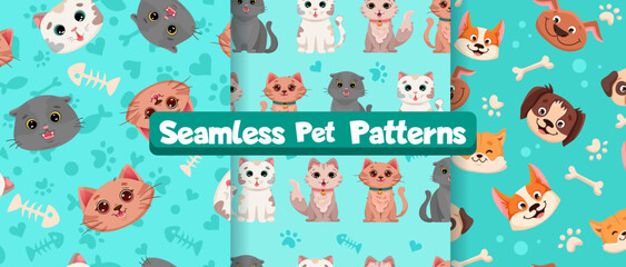 Set of Seamless patterns with cute pets, dogs and cats. Colorful childish blue textures for fabric, textile, wrapping paper. Vector cartoon Illustration