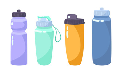 Colorful water bottles for fitness vector illustrations set. Collection of cartoon drawings of plastic bottles for workout activities isolated on white background. Healthy lifestyle, sports concept