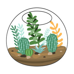 Cactus and succulent in doodle terrarium. Florarium cartoon vector illustration. Tropical house plant, decor, botanical interior, gardening concept