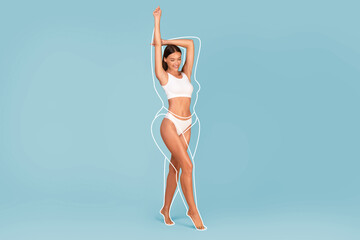 Slimming Concept. Beautiful Slim Female In Underwear With Drawn Outlines Around Body - obrazy, fototapety, plakaty