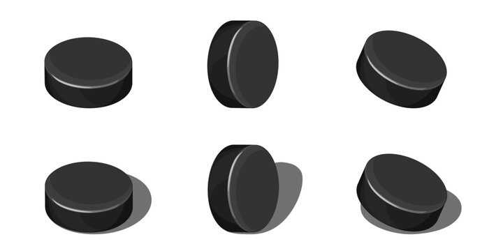 Hockey puck set isolated on white with shadow. Lying and rolling version of puck, cartoon style. Vector element for sport design, professional ice hockey event banner or winter outdoor illustration.