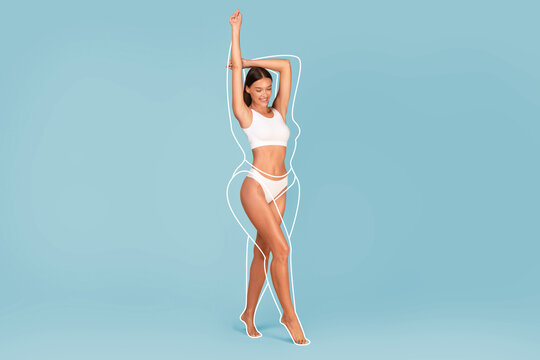 Slimming Concept. Beautiful Slim Female In Underwear With Drawn Outlines Around Body