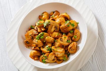 Spanish Garlic Mushrooms in bowl, top view