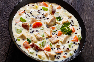 Turkey Wild Rice Soup in bowl, top view