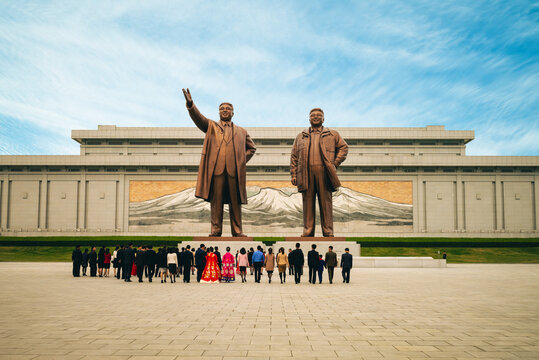 April 29, 2019: 20 meter tall Kim Il Sung and Kim Jong Il statues at the central part of  the Mansu Hill Grand Monument located at Mansudae, pyongyang. It was originally dedicated in April 1972