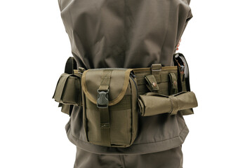 tactical military belt with basic setup items on white background isolated worn on man back photo